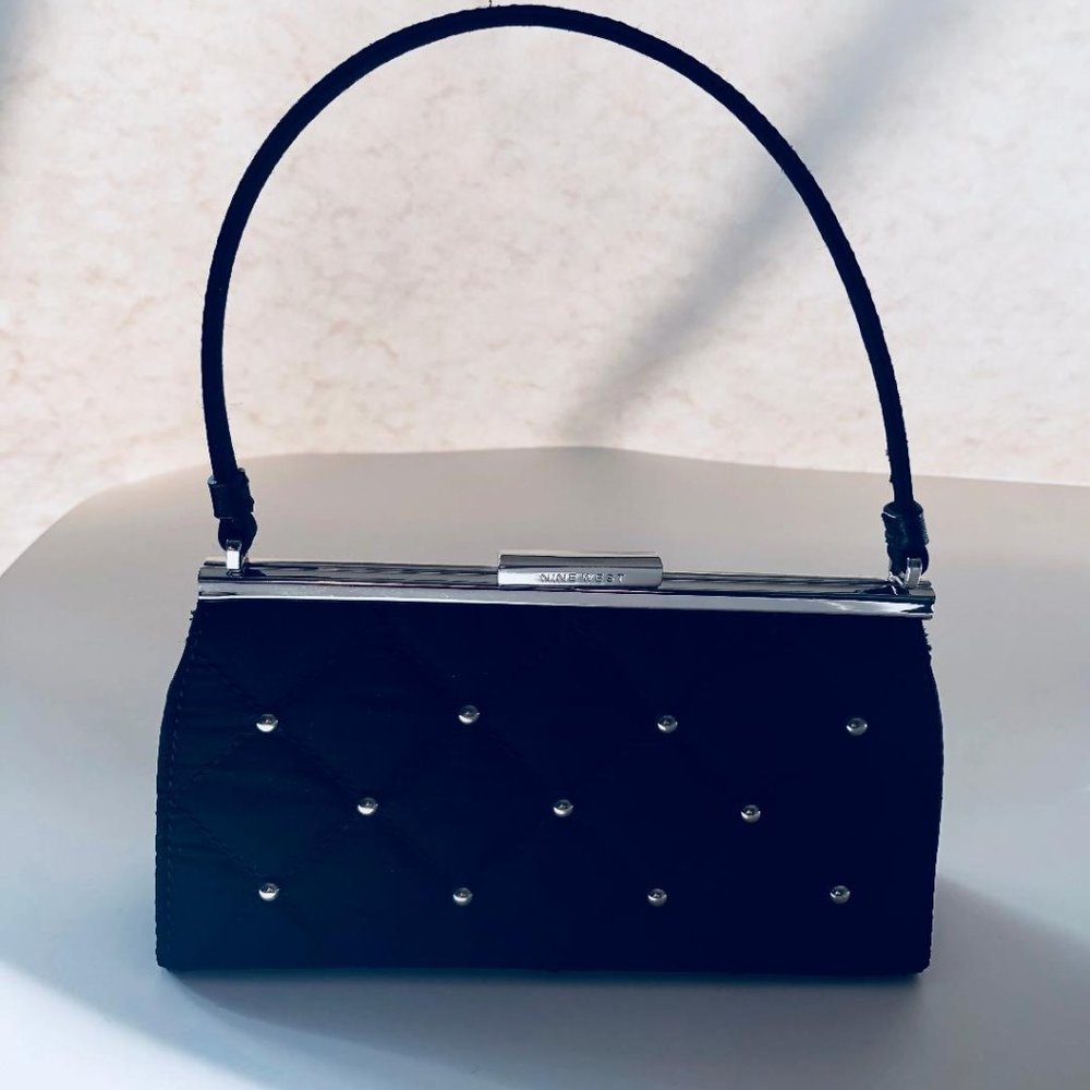 Nine West, Small Black purse, w/quilted, poly-satin material, & silver-tone stud